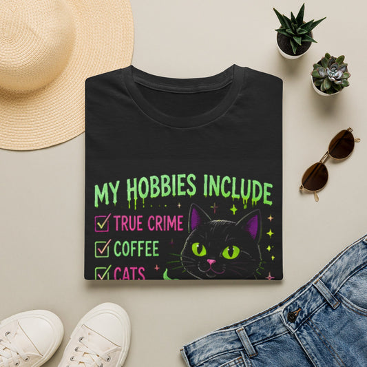 My Hobbies Include T-Shirt — "True Crime, Coffee, Cats" Neon Cat Graphic