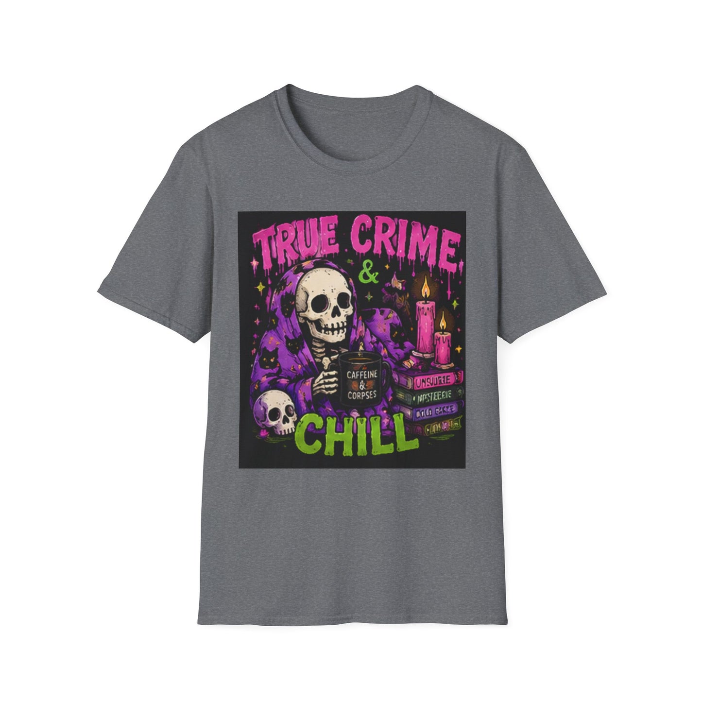 True Crime & Chill T-Shirt — Skull, Candles & Gothic Vintage Podcast Tee
