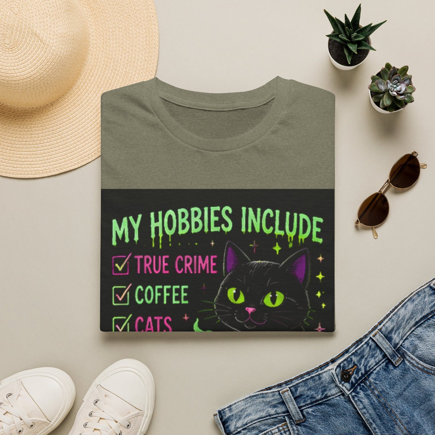 My Hobbies Include T-Shirt — "True Crime, Coffee, Cats" Neon Cat Graphic