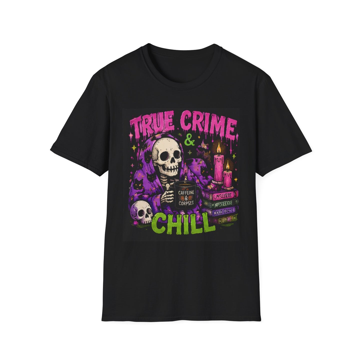 True Crime & Chill T-Shirt — Skull, Candles & Gothic Vintage Podcast Tee