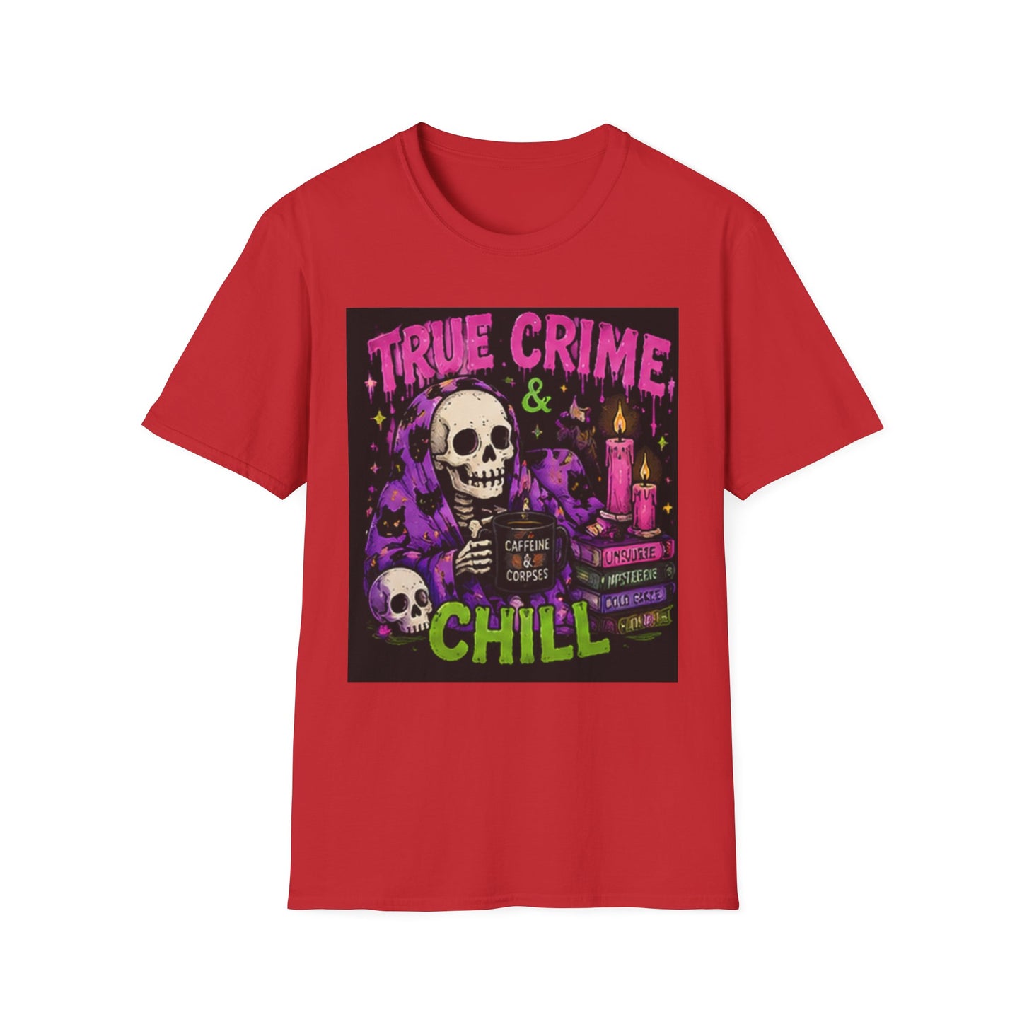 True Crime & Chill T-Shirt — Skull, Candles & Gothic Vintage Podcast Tee