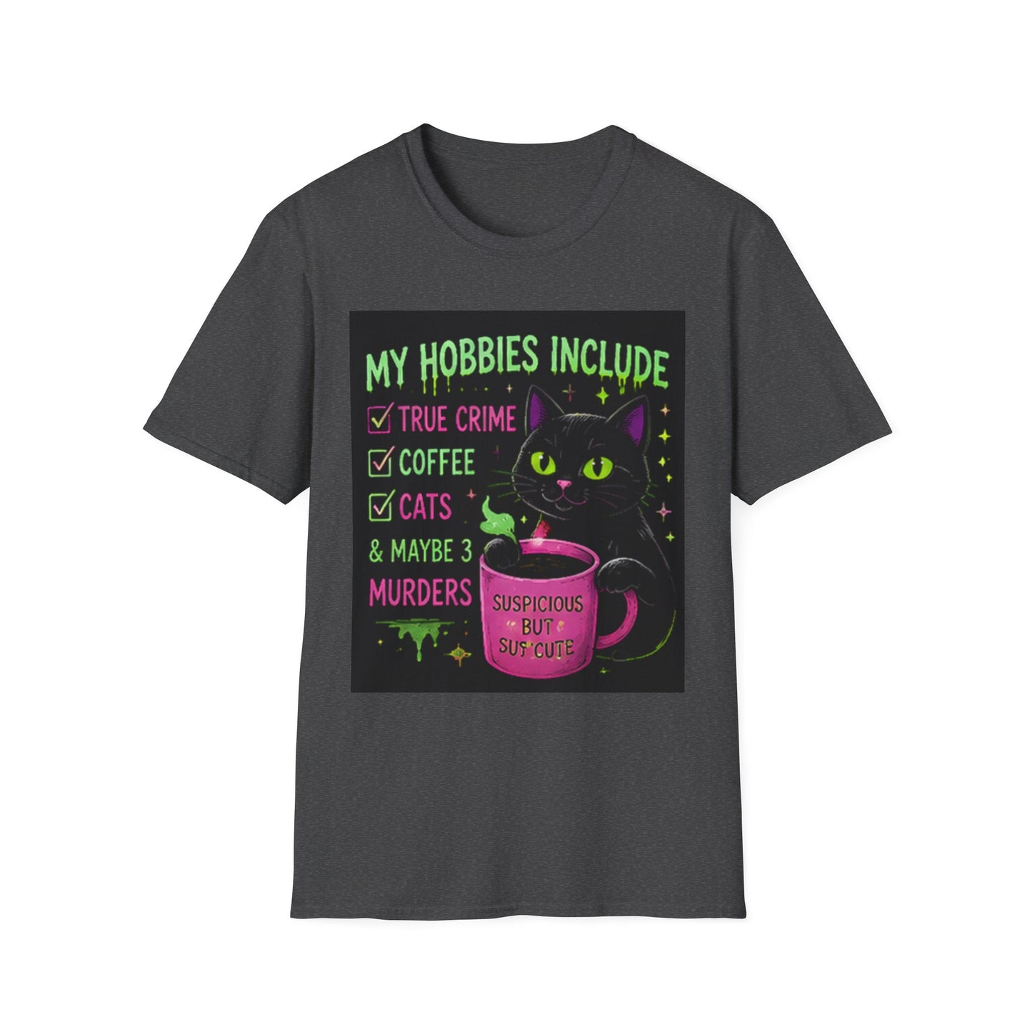 My Hobbies Include T-Shirt — "True Crime, Coffee, Cats" Neon Cat Graphic