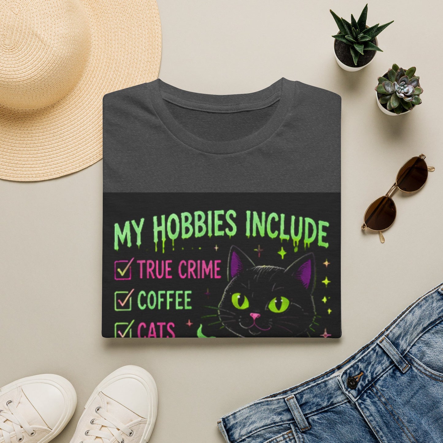 My Hobbies Include T-Shirt — "True Crime, Coffee, Cats" Neon Cat Graphic
