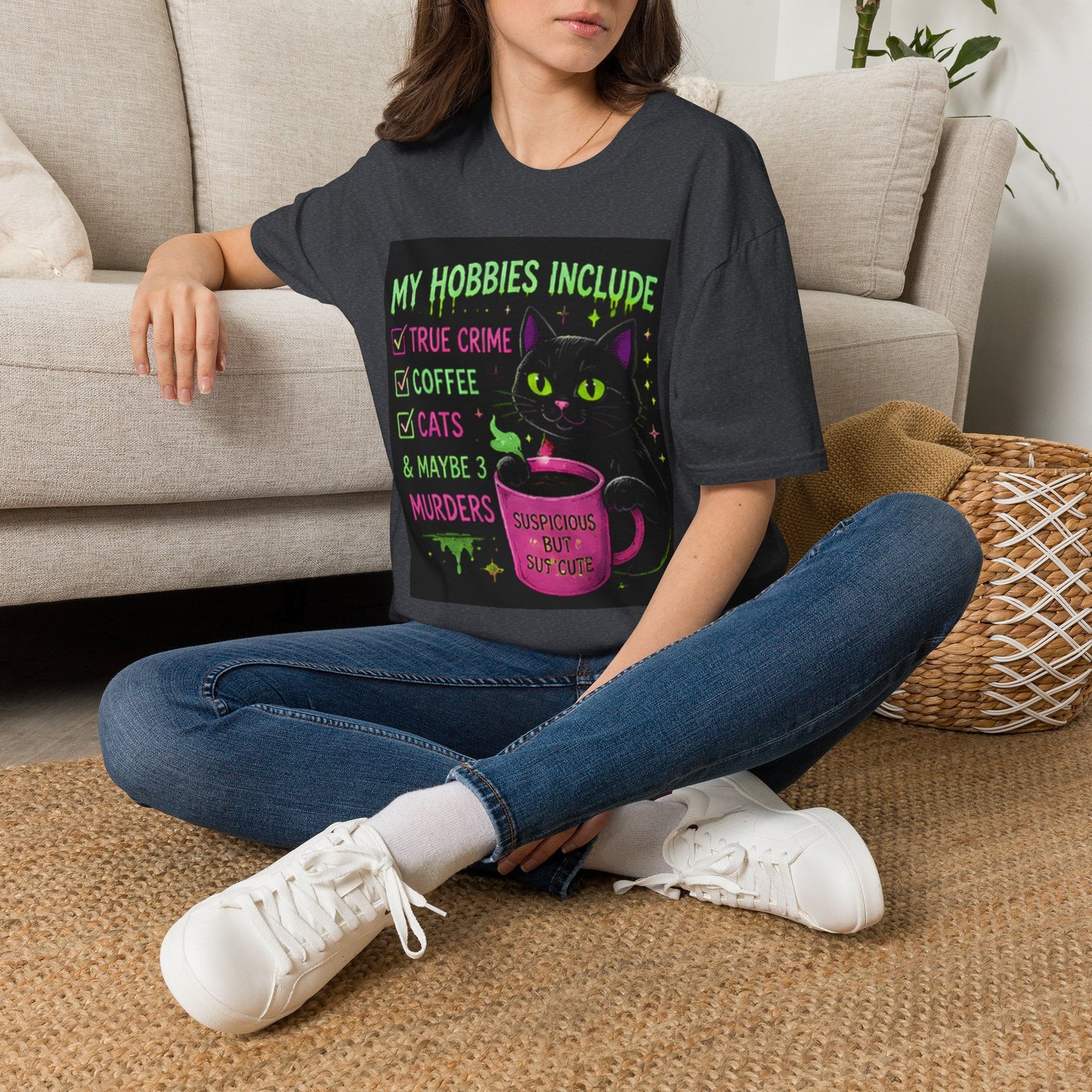 My Hobbies Include T-Shirt — "True Crime, Coffee, Cats" Neon Cat Graphic