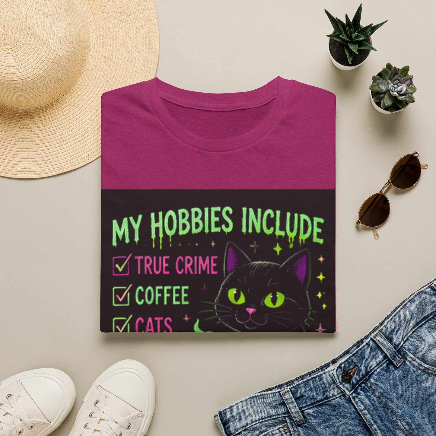 My Hobbies Include T-Shirt — "True Crime, Coffee, Cats" Neon Cat Graphic