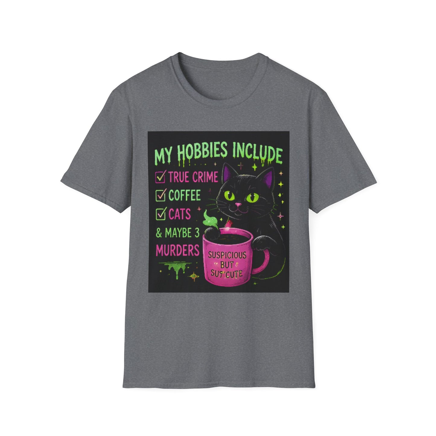My Hobbies Include T-Shirt — "True Crime, Coffee, Cats" Neon Cat Graphic