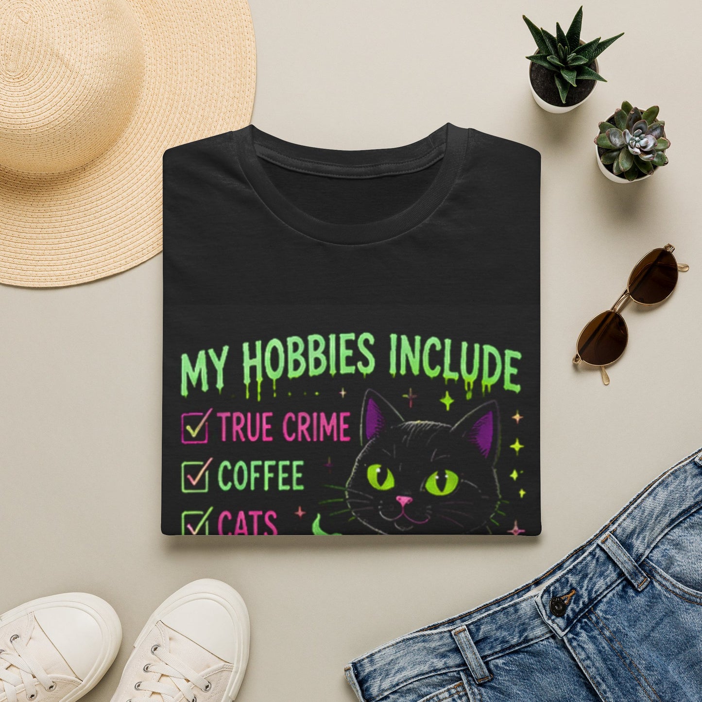 My Hobbies Include T-Shirt — "True Crime, Coffee, Cats" Neon Cat Graphic