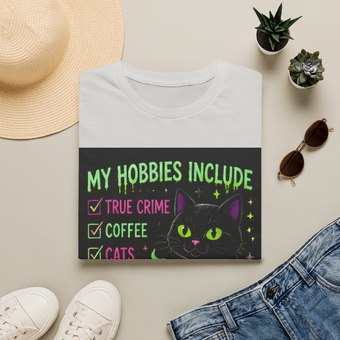 My Hobbies Include T-Shirt — "True Crime, Coffee, Cats" Neon Cat Graphic