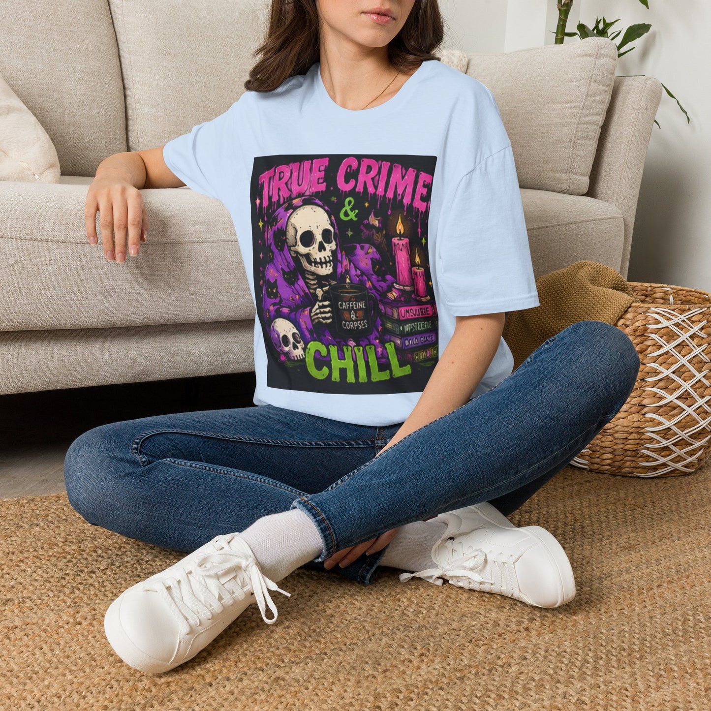 True Crime & Chill T-Shirt — Skull, Candles & Gothic Vintage Podcast Tee