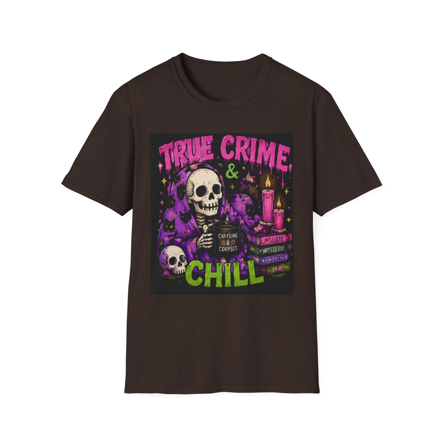 True Crime & Chill T-Shirt — Skull, Candles & Gothic Vintage Podcast Tee