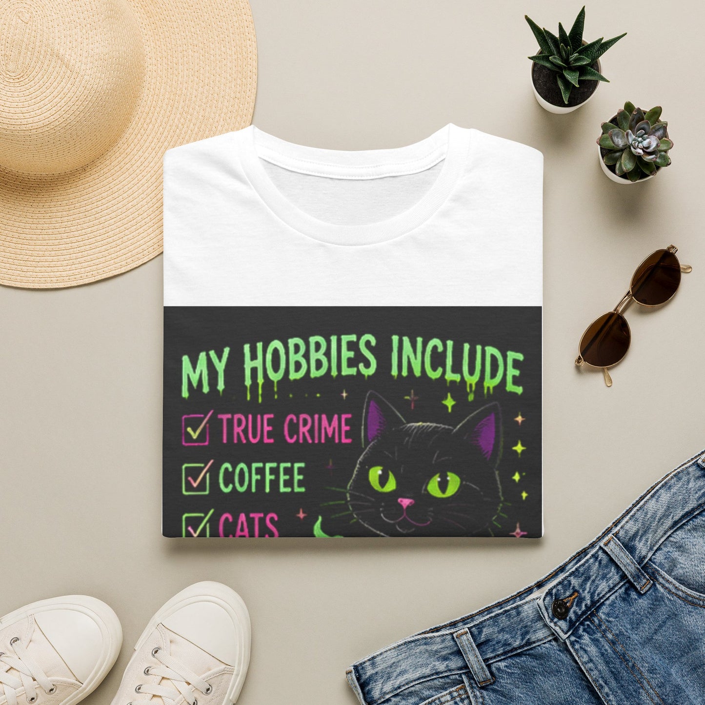 My Hobbies Include T-Shirt — "True Crime, Coffee, Cats" Neon Cat Graphic