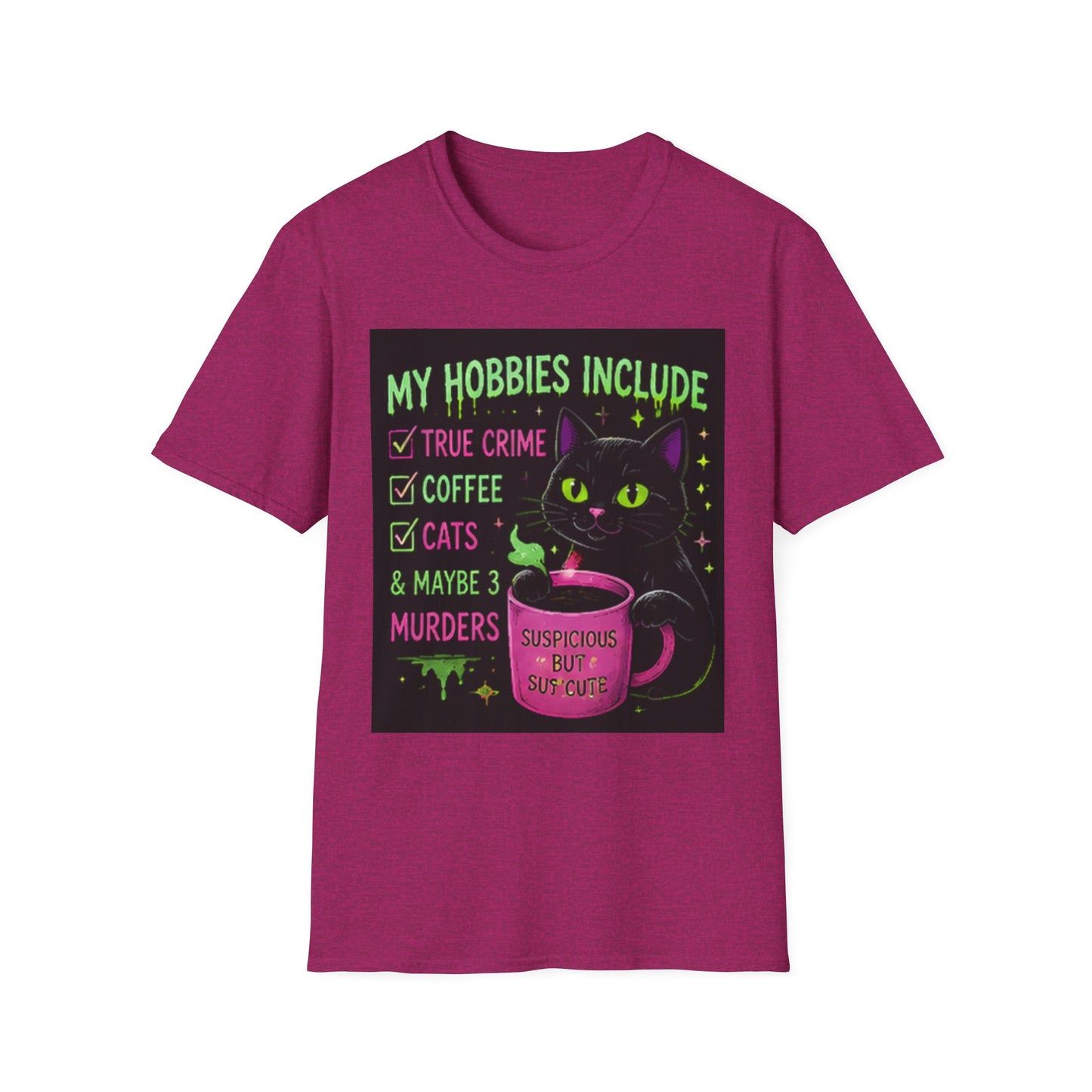 My Hobbies Include T-Shirt — "True Crime, Coffee, Cats" Neon Cat Graphic