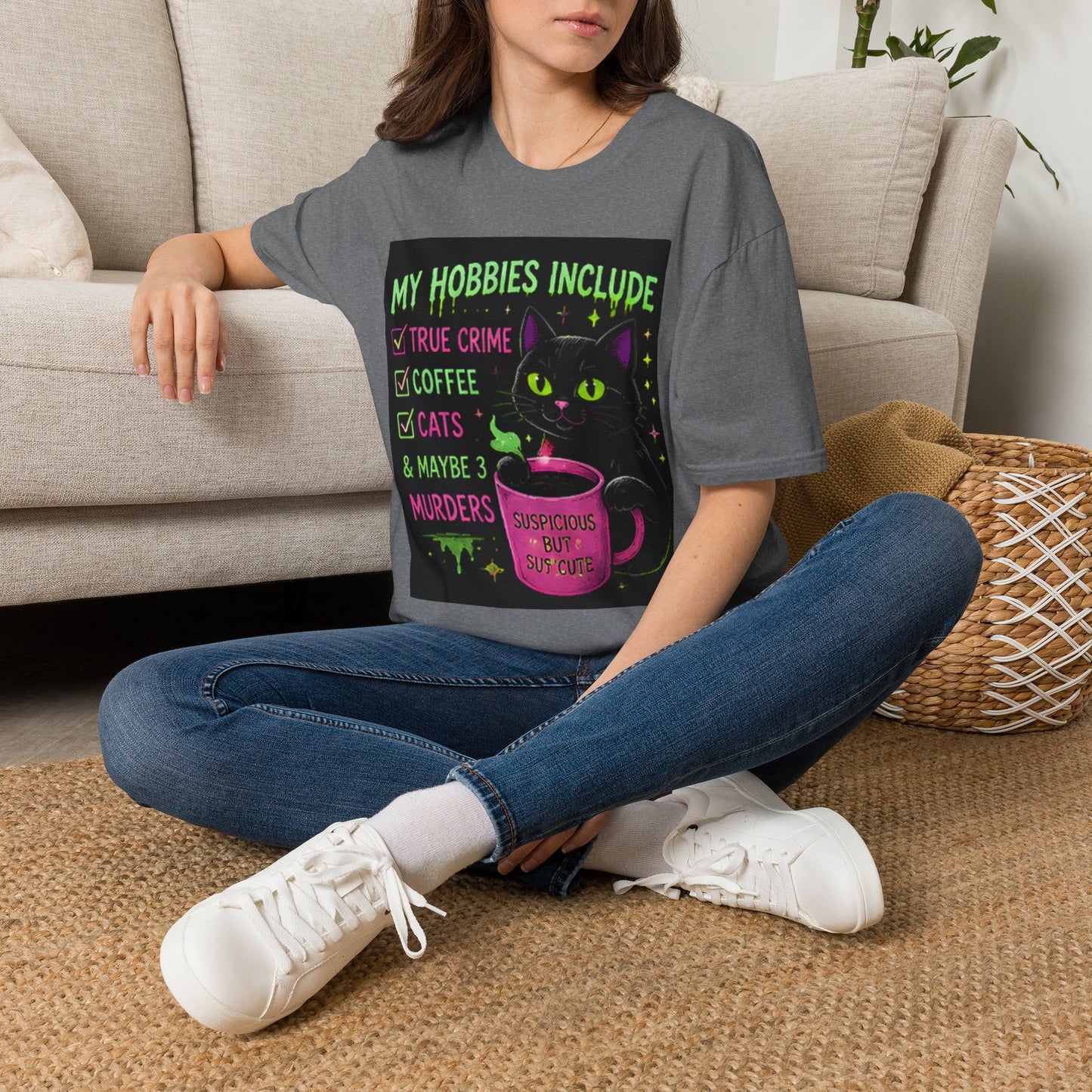 My Hobbies Include T-Shirt — "True Crime, Coffee, Cats" Neon Cat Graphic