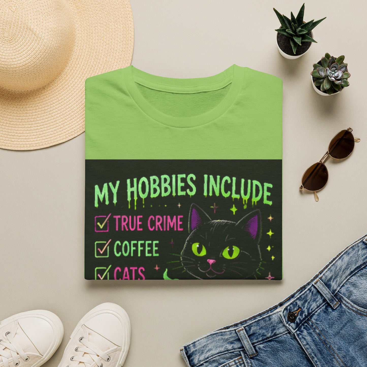 My Hobbies Include T-Shirt — "True Crime, Coffee, Cats" Neon Cat Graphic