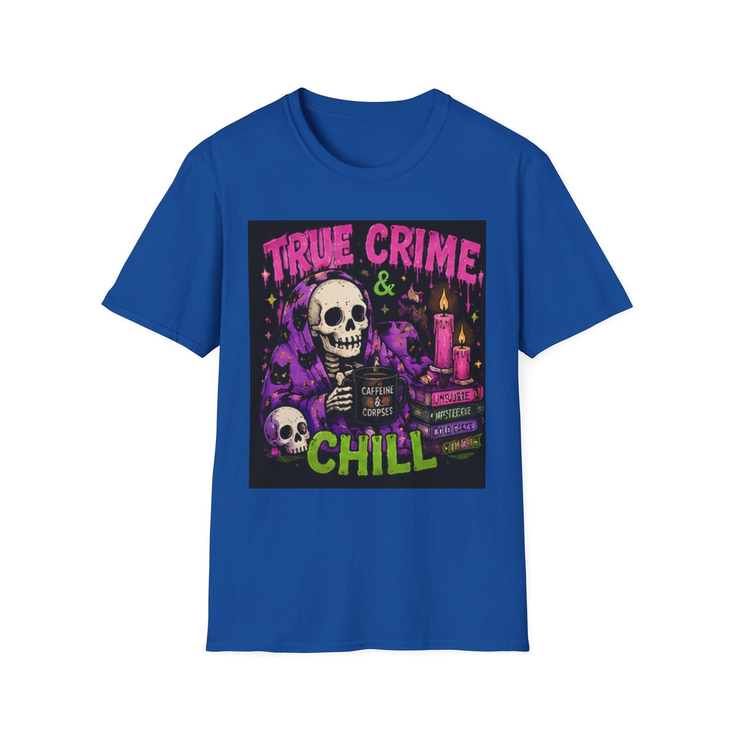 True Crime & Chill T-Shirt — Skull, Candles & Gothic Vintage Podcast Tee
