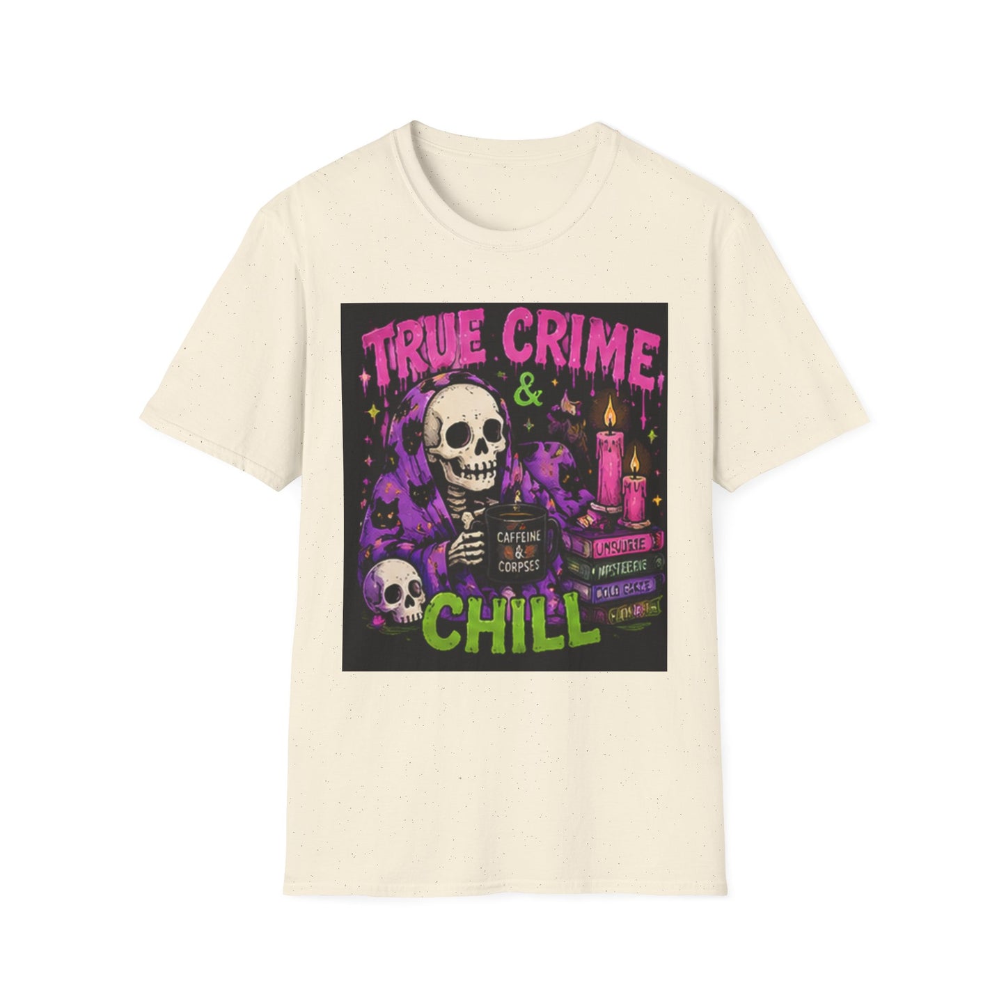 True Crime & Chill T-Shirt — Skull, Candles & Gothic Vintage Podcast Tee