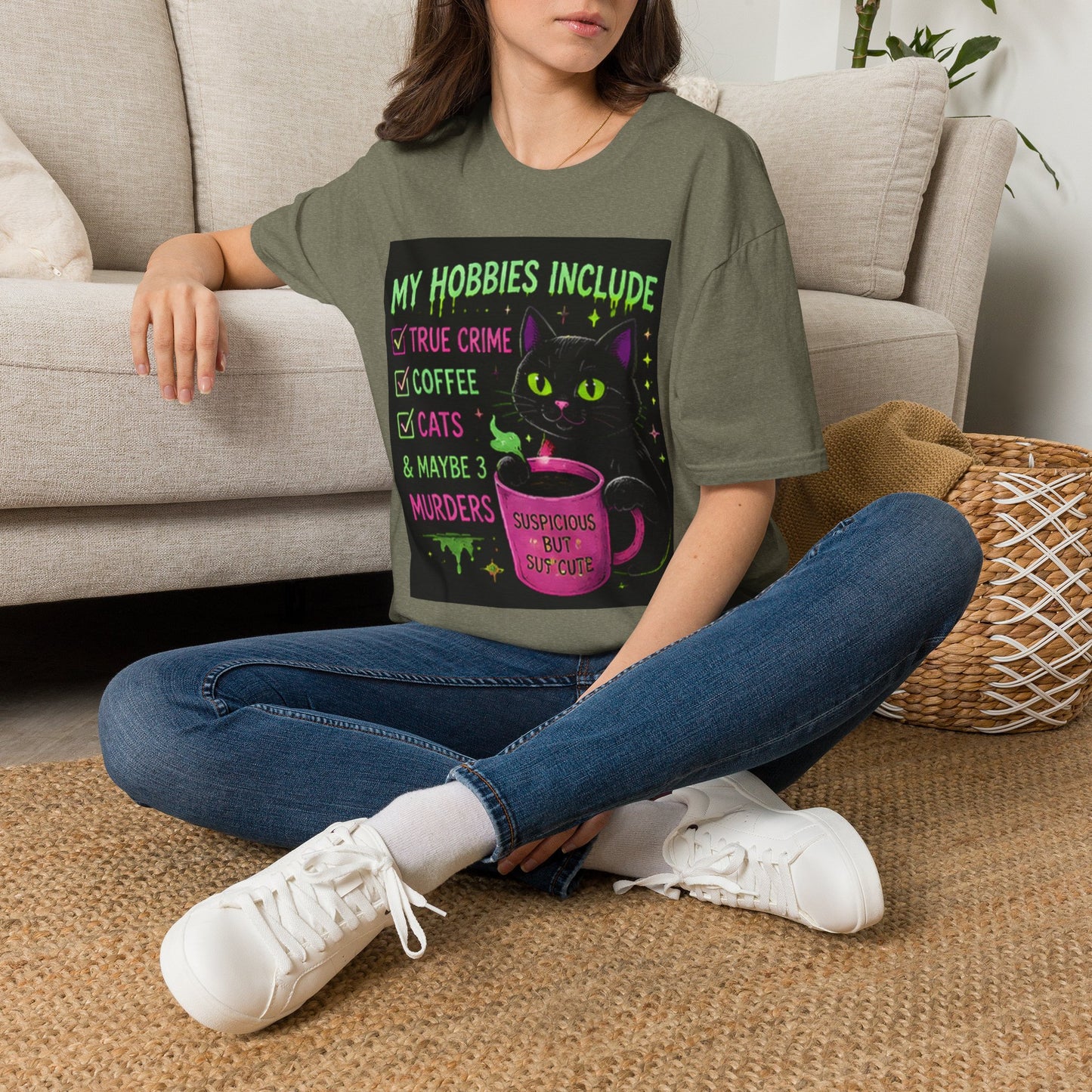 My Hobbies Include T-Shirt — "True Crime, Coffee, Cats" Neon Cat Graphic