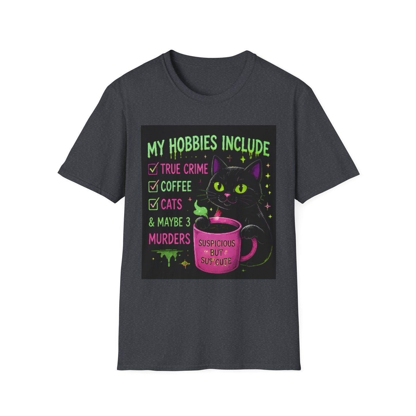 My Hobbies Include T-Shirt — "True Crime, Coffee, Cats" Neon Cat Graphic