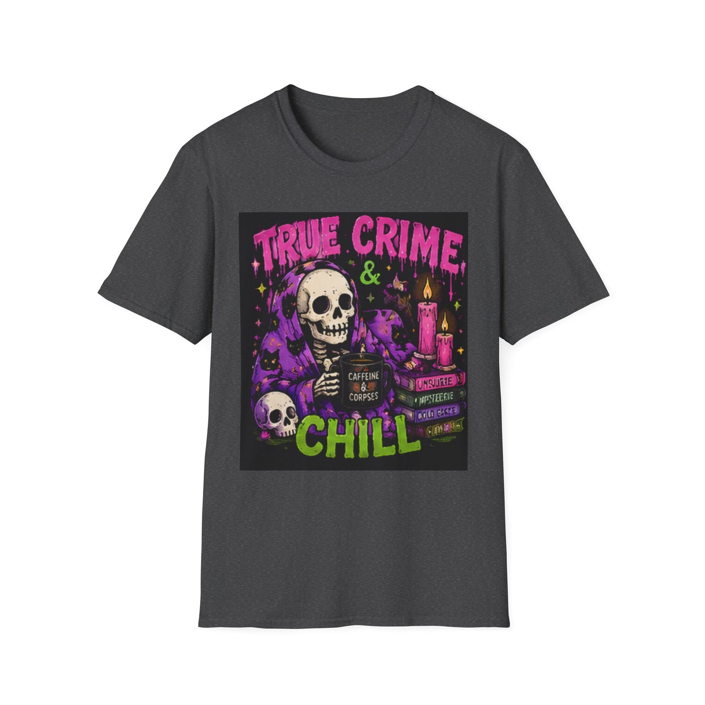 True Crime & Chill T-Shirt — Skull, Candles & Gothic Vintage Podcast Tee
