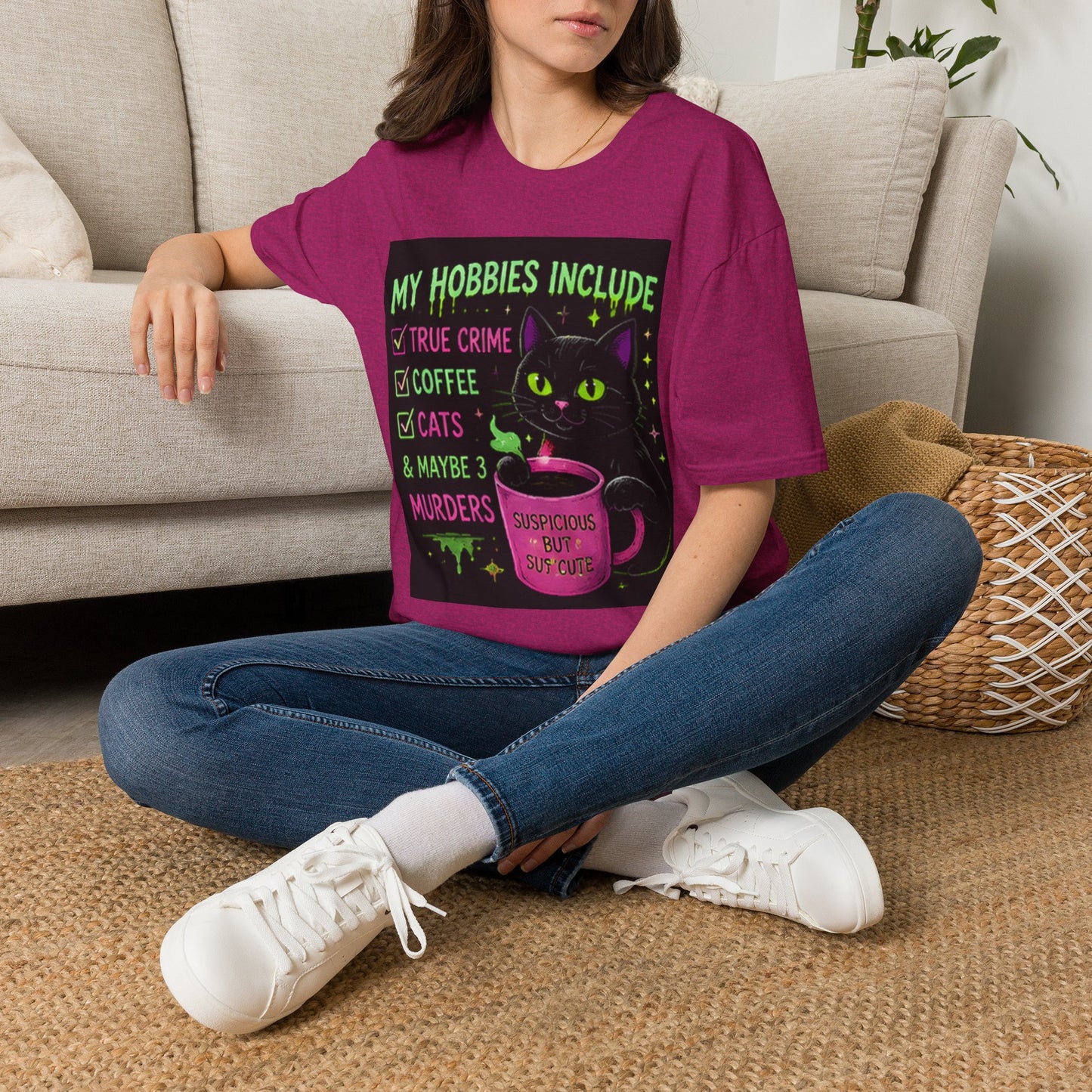 My Hobbies Include T-Shirt — "True Crime, Coffee, Cats" Neon Cat Graphic