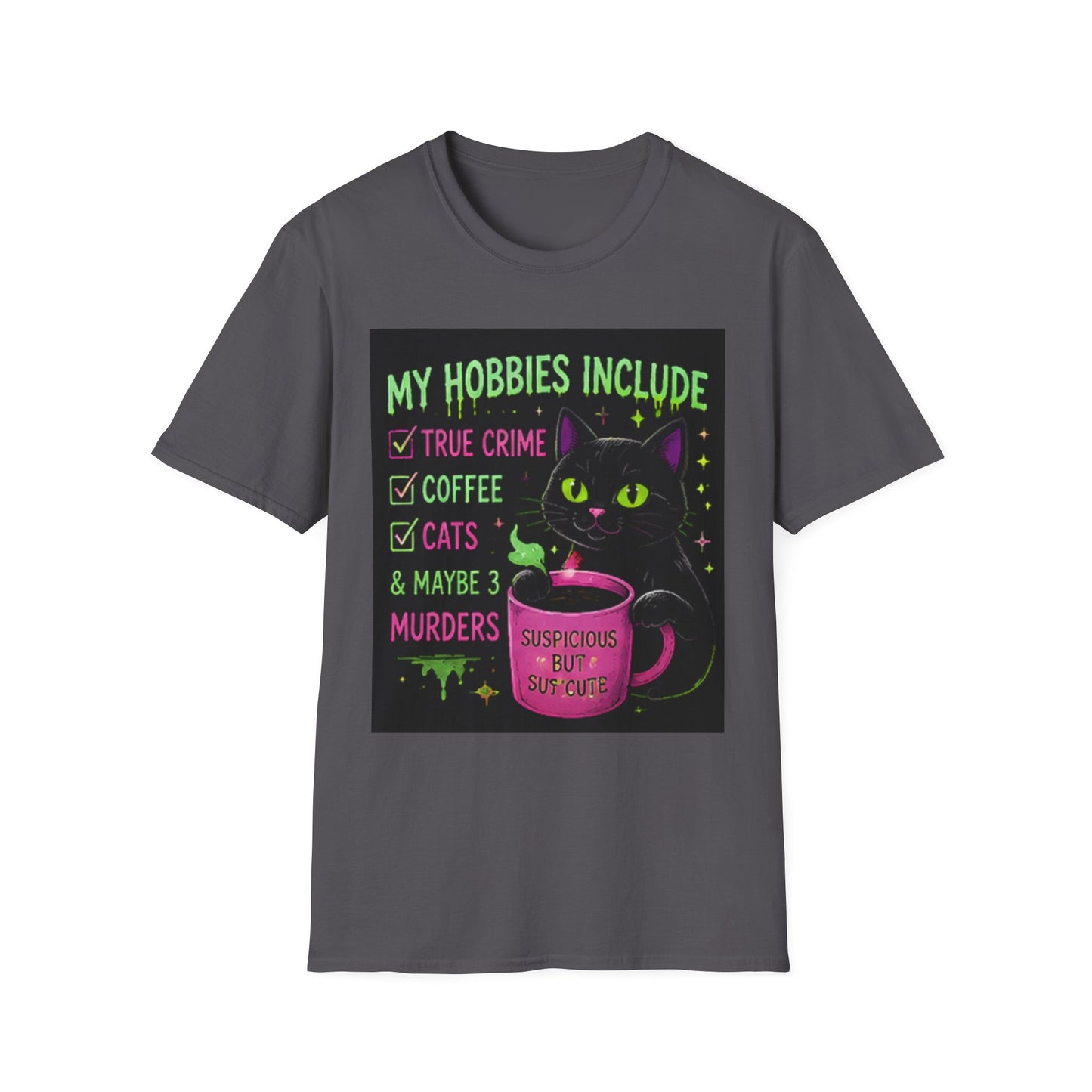 My Hobbies Include T-Shirt — "True Crime, Coffee, Cats" Neon Cat Graphic