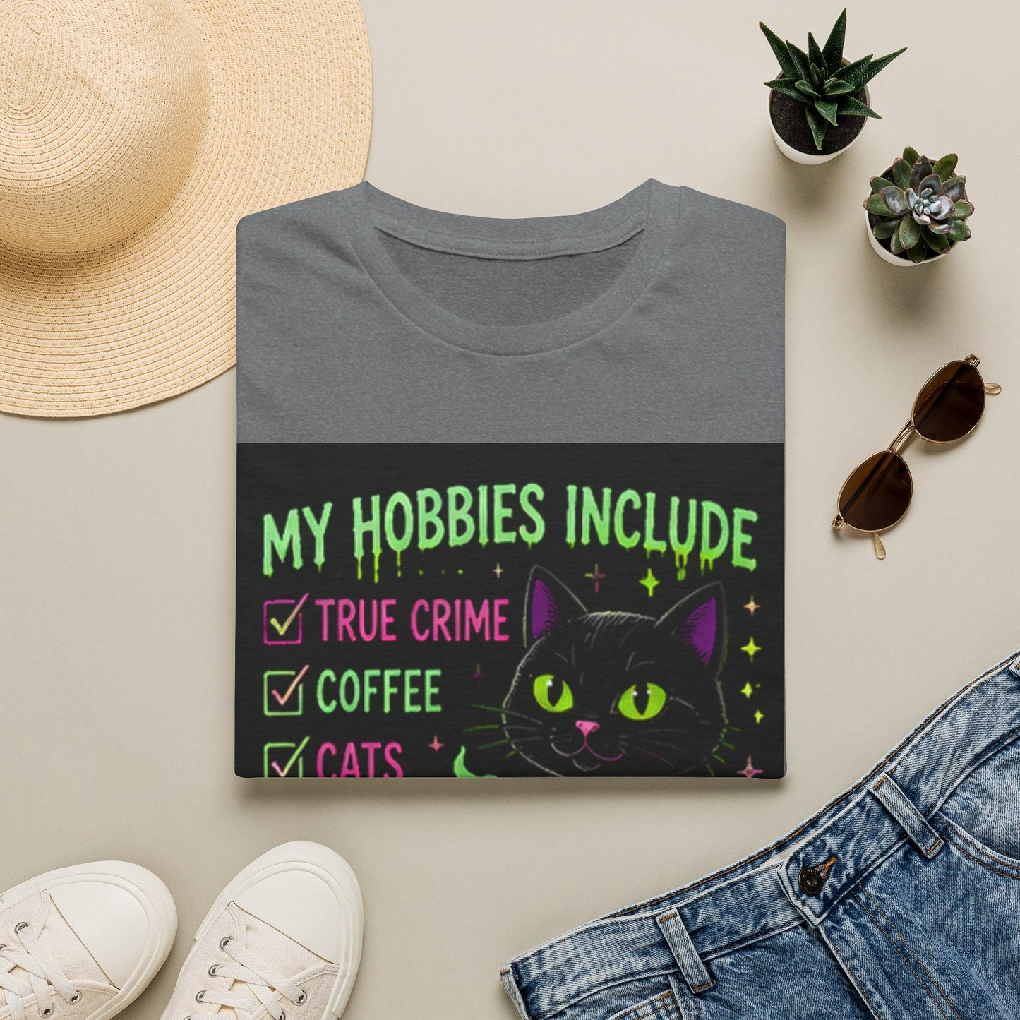 My Hobbies Include T-Shirt — "True Crime, Coffee, Cats" Neon Cat Graphic
