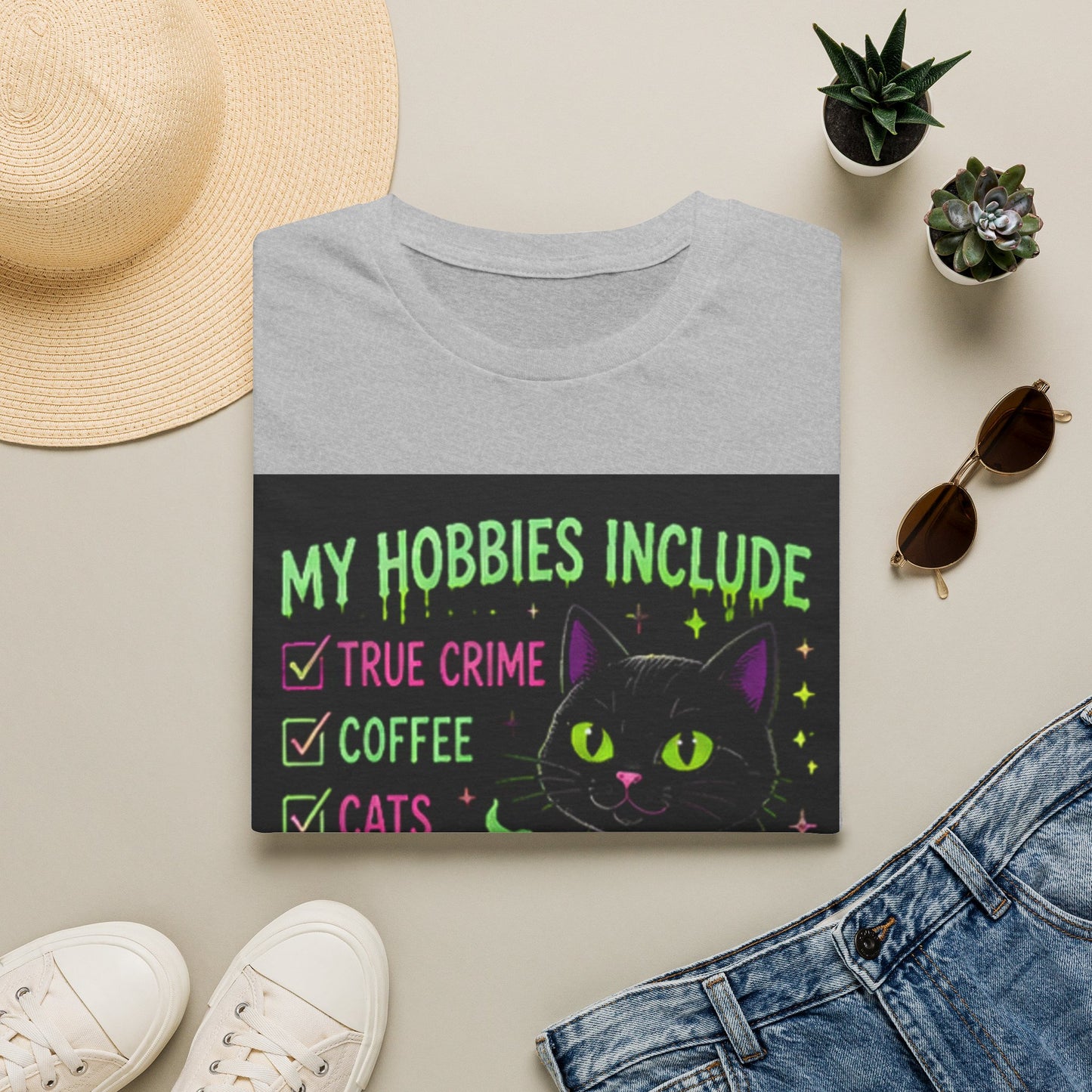 My Hobbies Include T-Shirt — "True Crime, Coffee, Cats" Neon Cat Graphic
