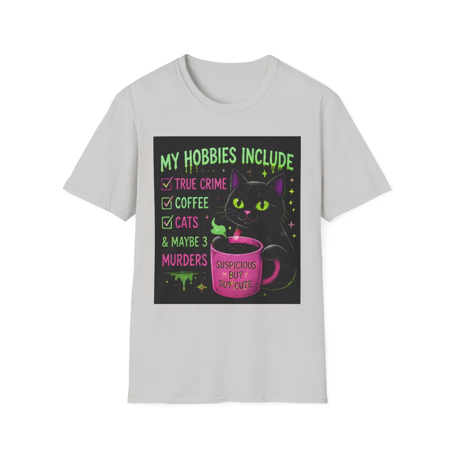 My Hobbies Include T-Shirt — "True Crime, Coffee, Cats" Neon Cat Graphic