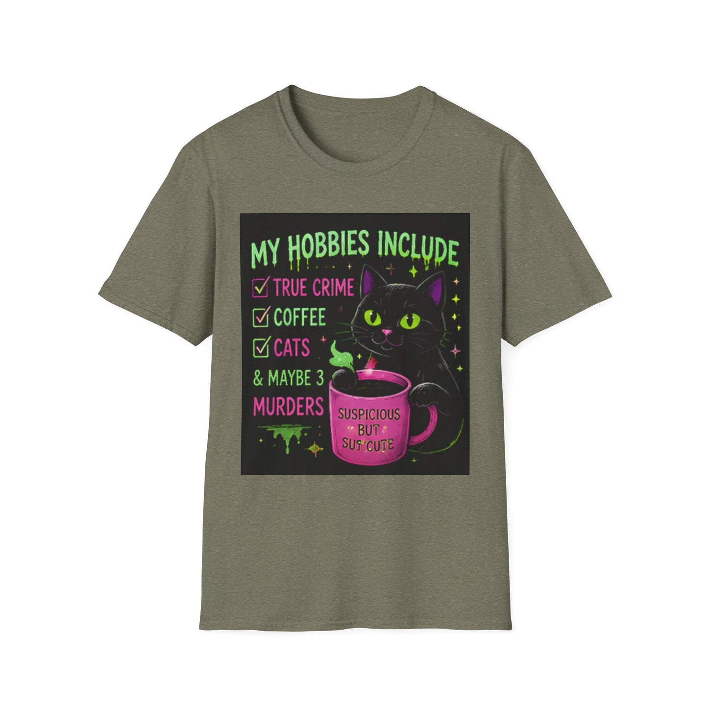 My Hobbies Include T-Shirt — "True Crime, Coffee, Cats" Neon Cat Graphic