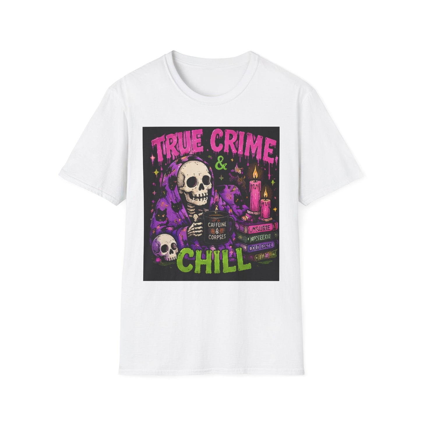 True Crime & Chill T-Shirt — Skull, Candles & Gothic Vintage Podcast Tee