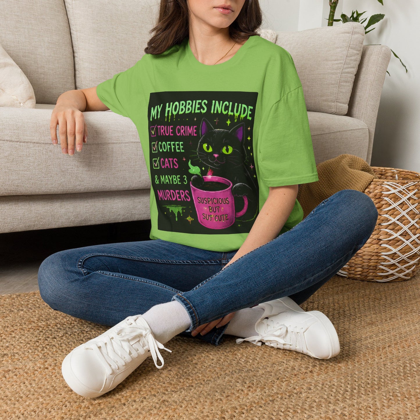 My Hobbies Include T-Shirt — "True Crime, Coffee, Cats" Neon Cat Graphic