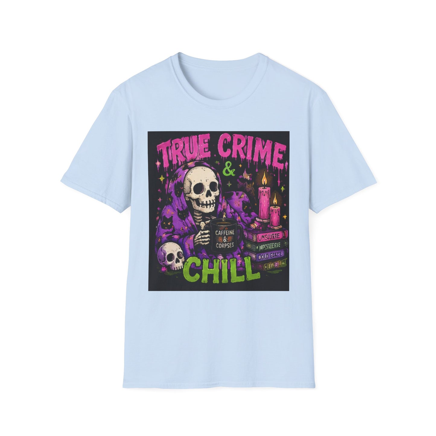 True Crime & Chill T-Shirt — Skull, Candles & Gothic Vintage Podcast Tee