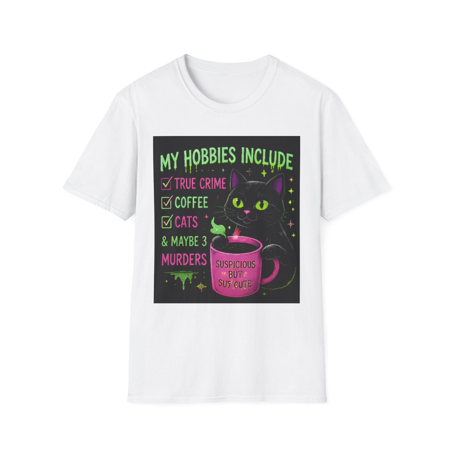 My Hobbies Include T-Shirt — "True Crime, Coffee, Cats" Neon Cat Graphic