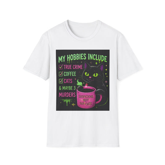 My Hobbies Include T-Shirt — "True Crime, Coffee, Cats" Neon Cat Graphic