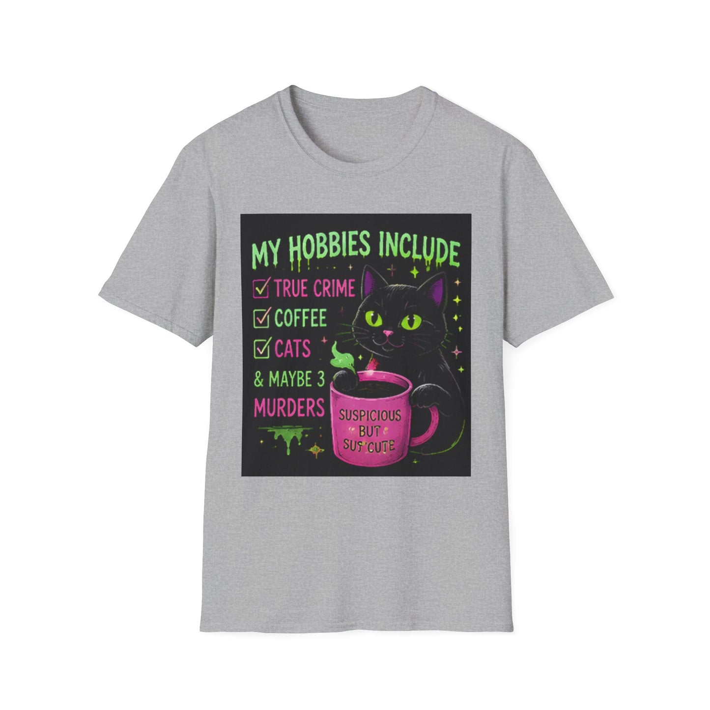 My Hobbies Include T-Shirt — "True Crime, Coffee, Cats" Neon Cat Graphic