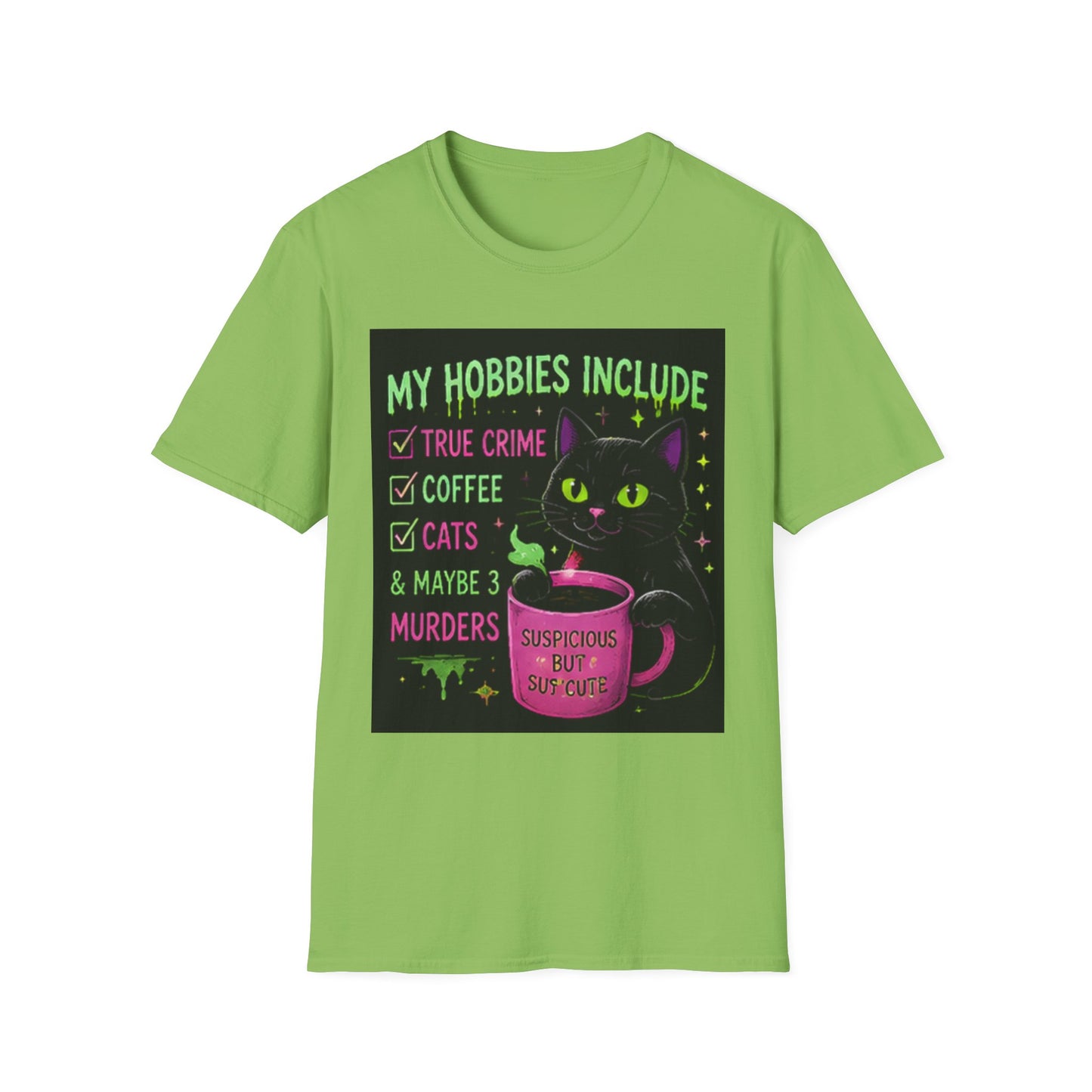 My Hobbies Include T-Shirt — "True Crime, Coffee, Cats" Neon Cat Graphic