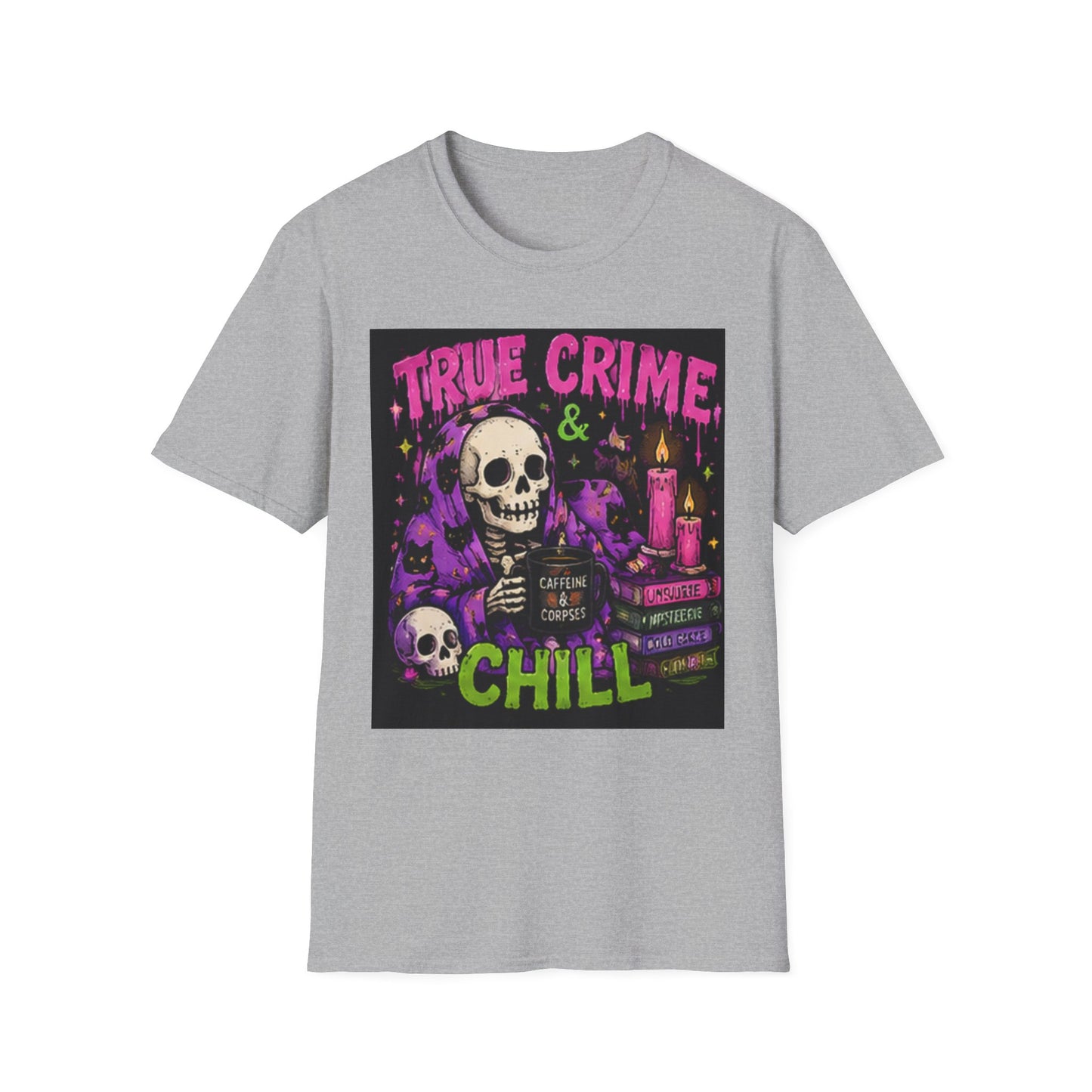True Crime & Chill T-Shirt — Skull, Candles & Gothic Vintage Podcast Tee