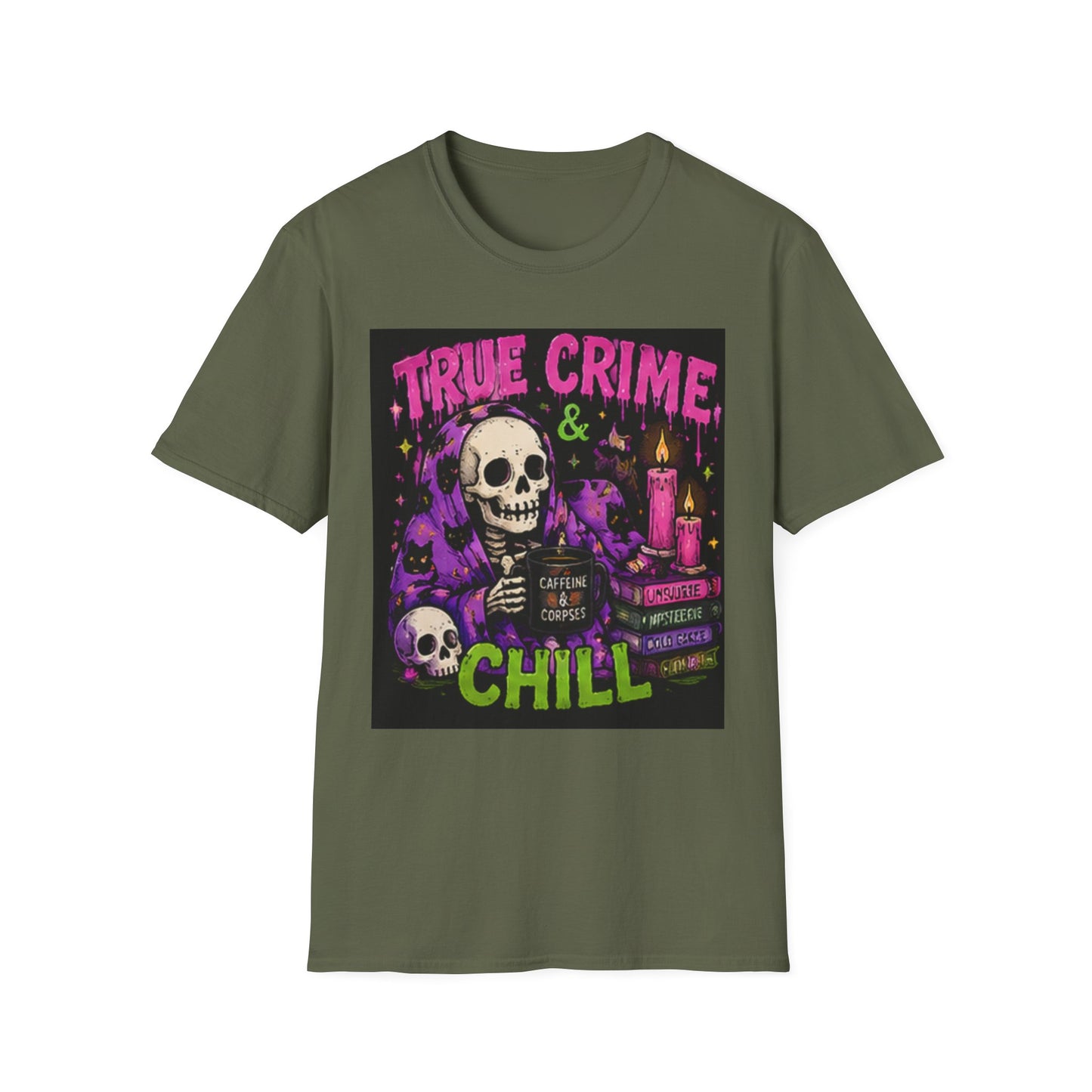 True Crime & Chill T-Shirt — Skull, Candles & Gothic Vintage Podcast Tee
