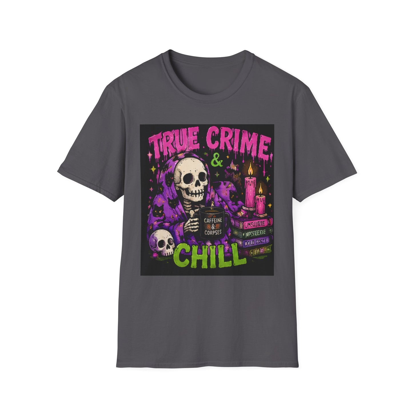 True Crime & Chill T-Shirt — Skull, Candles & Gothic Vintage Podcast Tee